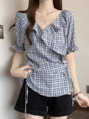 Bxoxo Ruffles Vintage Plaid Blouse Women Causal Sweet Slim Short Sleeve Shirt Korean Retro Female Lace Up Elegant Design Tops New