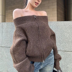 Bxoxo Women's Off-the-Shoulder Sweater Cardigan Zip Up Knitted Off Shoulder Sweater Jacket Teen-girl Fall Winter Y2K Outfit
