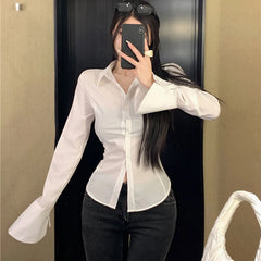 Bxoxo Fashion Women Bandage Shirts Korean All Match Streetwear Female Slim Blouse Spring Casual White Bell Sleeve Shirt New