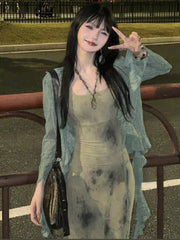 BXOXO New Chinese Style Halo Dyeing Slim Fit Camisole Dresses+ Y2k Ruffles Long Sleeve Green Cardigan Spring Two Piece Sets