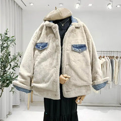 Bxoxo Jean Jacket Korean Winter Both Side Wear Thick Warm Lamb Velvet Denim Coat Single Breasted Buttons Patchwork Plush Outwear T470