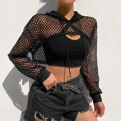 BXOXO Street Style Fishnet Holes T Shirt See Through Hollow Out Hooded Full Sleeve Crop Top Women Casual Loose Shirt Smock Fall