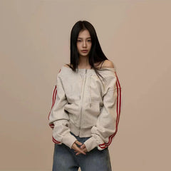 Bxoxo Sexy Slash Neck Long Sleeve Women Cardigan Y2K Streetwear Slim Zipper Female Coats Autumn American Striped Crop Hoodies Mujer