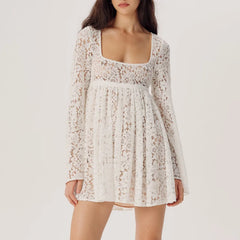 BXOXO Fashion Women Spring Summer Mini Dress White Long Sleeve Square Neck Lace See Through Floral Party Cocktail Dress