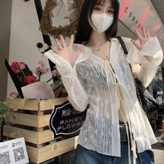 Bxoxo Women Streetwear Shirts Fashion Lace Up Long Sleeve Blouse Korean Y2K Casual Female Loose Sun Protection Shirts Spring New