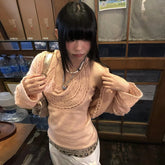 BXOXO Harajuku Knitted Two Pieces Tops Hollow Out Floral Tank Tops +smock Y2k Fairycore T Shirts Women 2000s Japanese Tee Top