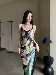 Bxoxo Ocean Flowers Backless Long Mermaid Dress For Woman Summer 2025 V Neck Midi Slip Dress Evening Party Clothes