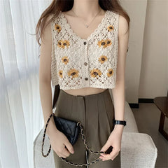 BXOXO Women Sweet Cotton Camisole Summer Floral Embroidery Sleeveless Buttons Front Crop Tops Beach Sweet Crochet French Style