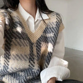 BXOXO Plaid sweater pullover vest female students wear winter Korean loose retro V-neck sleeveless knitted pullover vest sweater top