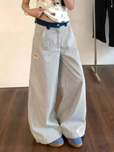 Bxoxo Blue Striped Patchwork Jeans Women Y2K High Waist Streetwear Embroidery Wide Leg Trousers Bf Korean Casual Straight Cowboy Pants