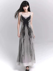 Bxoxo Retro Ink Butterfly Tie Dye Camis Dress Women Summer Slim Sleeveless Midi Dress Y2K Korean Sweet Mesh Spaghetti Straps Vestidos
