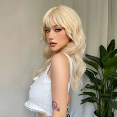 BXOXO Long Wavy Blonde Synthetic Wigs Platinum Daily Natural Hair Wigs With Bangs Cosplay Wig for Women Heat Resistant