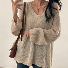 BXOXO Women Hollow Out Off Shoulder Sweater V-Neck Long Sleeve Loose Thin Jumpers Knit Streetwear Top Women Autumn Winter