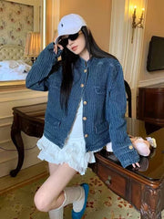 Bxoxo Vintage Stand Collar Denim Jacket Women Autumn Loose Streetwear Single Breasted Coats Y2K Korean Chic Long Sleeve Casual Outwear