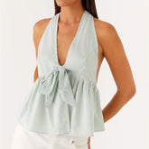 BXOXO Women Bow Front Striped Sexy Tie Halter Top Deep V Neck Backless Sleeveless Peplum Tank Tops Y2k Summer Going Out Tops