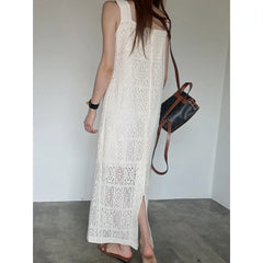 Bxoxo Summer Korean Sle Long Lace Sleeveless Vest Dress Square Collar Slimming Skirt H-Line Pure Color Ladylike Fashion Dress