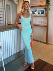 BXOXO Sequin Slim Scoop Neck Maxi Dress Female Backless Glitter See-Through Sexy Patchwork Autumn Dress Women's Long Dress