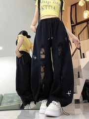 Bxoxo Y2K Hole Wide Leg Pant Women Streetwear Loose High Waist Lace Patchwork Trouser American Vintage Casual Harajuku Bf Pants