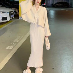 Bxoxo Winter Elegant 2 Piece Sweater Dresses Set Women Loose Warm Knitted Bodycon Suit Female Casual Korean Fashion Chic Streetwear