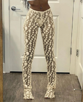BXOXO Embroidered Mesh Dots Leggings Women See Through Mid-waist Stretch Pants Skinny Ladies Trousers Elastic Streetwear Bottom