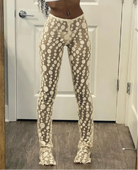 BXOXO Embroidered Mesh Dots Leggings Women See Through Mid-waist Stretch Pants Skinny Ladies Trousers Elastic Streetwear Bottom
