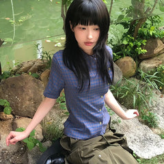 Bxoxo Y2k Vintage Shirt Women Short Sleeve Irregular Casual Shirt Plaid 2000s Japanese Summer Shirt Tee E-girls Streetwear