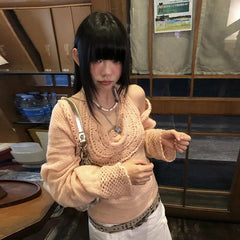 BXOXO Harajuku Knitted Two Pieces Tops Hollow Out Floral Tank Tops +smock Y2k Fairycore T Shirts Women 2000s Japanese Tee Top