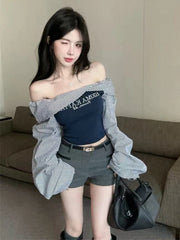 Bxoxo Sexy Slash Neck T Shirt Women Autumn Fashion Striped Patchwork Slim Long Sleeve Pullover Y2K Korean Chic Letter Print Streetwear