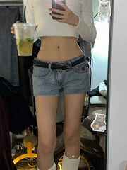 Bxoxo Woman Slim Denim Shorts Low Waist Wash Jean shorts Embroidery Hot Pants A Line Gyaru American Style Sexy Clubwear All-match