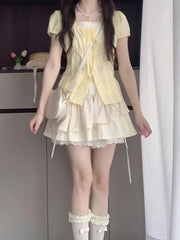 BXOXO 2000s Vintage 2 Piece Sets Women Lace Short Sleeve Cardigan Blouse Women+ Sexy Slim Camisole Dress 2024 Japanese Y2k Dress Suits