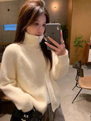 Bxoxo Women Zip Up Sweater High Neck Zipper Front Knit Cardigan Sweater Jacket Ladies Autumn Winter Korean Fashion Outfit
