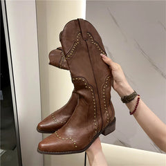 BXOXO Studded Boots Women Low Heel Cowboy Chelsea Western Short Leather Knee High Luxury Designer Gothic New Rock Shoes Vintage