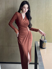 Bxoxo Spring Elegant Sexy Casual Maxi Dresses for Women Black Brown Slit Long Robe Femme Office Party Street Clothing Vestidos