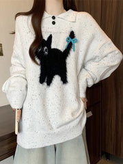 Bxoxo Cute Cartoon Bow Sweaters Women Loose Vintage Long Sleeve Kawaii Knitted Jumper Japan Casual Preppy Style Retro Pullovers