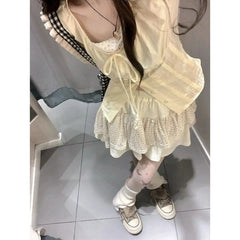 BXOXO 2000s Vintage 2 Piece Sets Women Lace Short Sleeve Cardigan Blouse Women+ Sexy Slim Camisole Dress 2024 Japanese Y2k Dress Suits