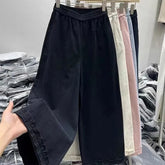 Bxoxo Korean Chic Ruffle Patchwork Ankle Length Pants Women Summer High Waist Loose Wide Leg Pants Elastic Waist Baggy Casual Trousers