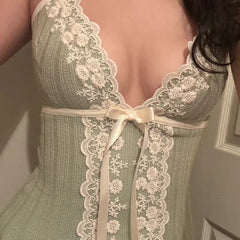 BXOXO Contrast Lace Trim Patchwork Camisole Y2K Aesthetic Bow Tie-up Straps Crop Tops Ribbed Corset Cute Skinny Vest Lolita Tops