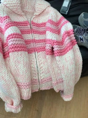 Bxoxo Lazy Wind Women Sweet Cute Cardigan Sweaters Vintage Striped Long Sleeve Loose Knitted Jacket Fall Winter Soft Warm Female Tops