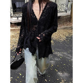 Bxoxo Y2K Lace Sheer Black Shirts Women Streetwear Sexy Hollow Out White Blouses Korean Aesthetic Long Sleeve Chic Sun Protection Tops