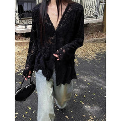 Bxoxo Y2K Lace Sheer Black Shirts Women Streetwear Sexy Hollow Out White Blouses Korean Aesthetic Long Sleeve Chic Sun Protection Tops