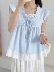 BXOXO Sweet Lace Patchwork Tanks Women Loose Flying Sleeve Elegant Tanks Tops Vintage Casual Female Korean Summer Retro Tops New