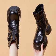 BXOXO Chunky Heel Women's Pu Leather Ankle Boots Double Buckle Platform Side Zipper Short Boots Winter New Goth Metal Punk Shoes Botas