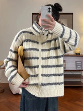 Bxoxo Lazy Wind Vintage Striped Cardigan Women Casual Preppy Style Loose Knitted Sweaters Japan Retro Stand Up Collar Long Sleeve Tops