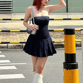 Bxoxo Fashion Stripe Slash Neck Dress Women Y2K Sleeveless Slim Splicing Pleated Dress Sexy Chest Wrap Off Shoulder Mini Vestidos New