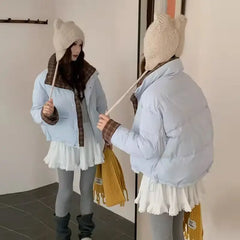 Bxoxo Vintage Plaid Patchwork Parkas Women Winter Warm Stand Collar Crop Coats Y2K Korean Streetwear Loose Puffer Outerwear Mujer