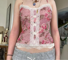 BXOXO y2k Floral Cropped Top Vintage Lace Stitching Sleeveless Skinny Strap Tops Women Retro Camisole Streetwear Tees Aesthetic