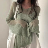 BXOXO Women Hollow Out Sexy Loose Shirts Knit Lantern Sleeve Casual Tops Beach Mesh Chic Tees For Women Autumn Winter