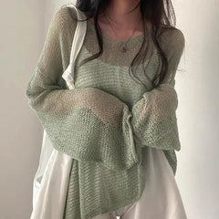 BXOXO Women Hollow Out Sexy Loose Shirts Knit Lantern Sleeve Casual Tops Beach Mesh Chic Tees For Women Autumn Winter