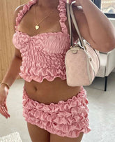 BXOXO Solid Women 2Piece Set Sexy Summer Elastic Halter Backless Slim Crop Tanks+Matching Ruched Ruffle Skirts Clubwear