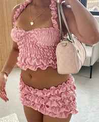 BXOXO Solid Women 2Piece Set Sexy Summer Elastic Halter Backless Slim Crop Tanks+Matching Ruched Ruffle Skirts Clubwear